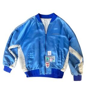 VERY RARE Vintage 1970s / 80s Golds Gym Bomber Jacket Mens‎ Blue Satin - size XL